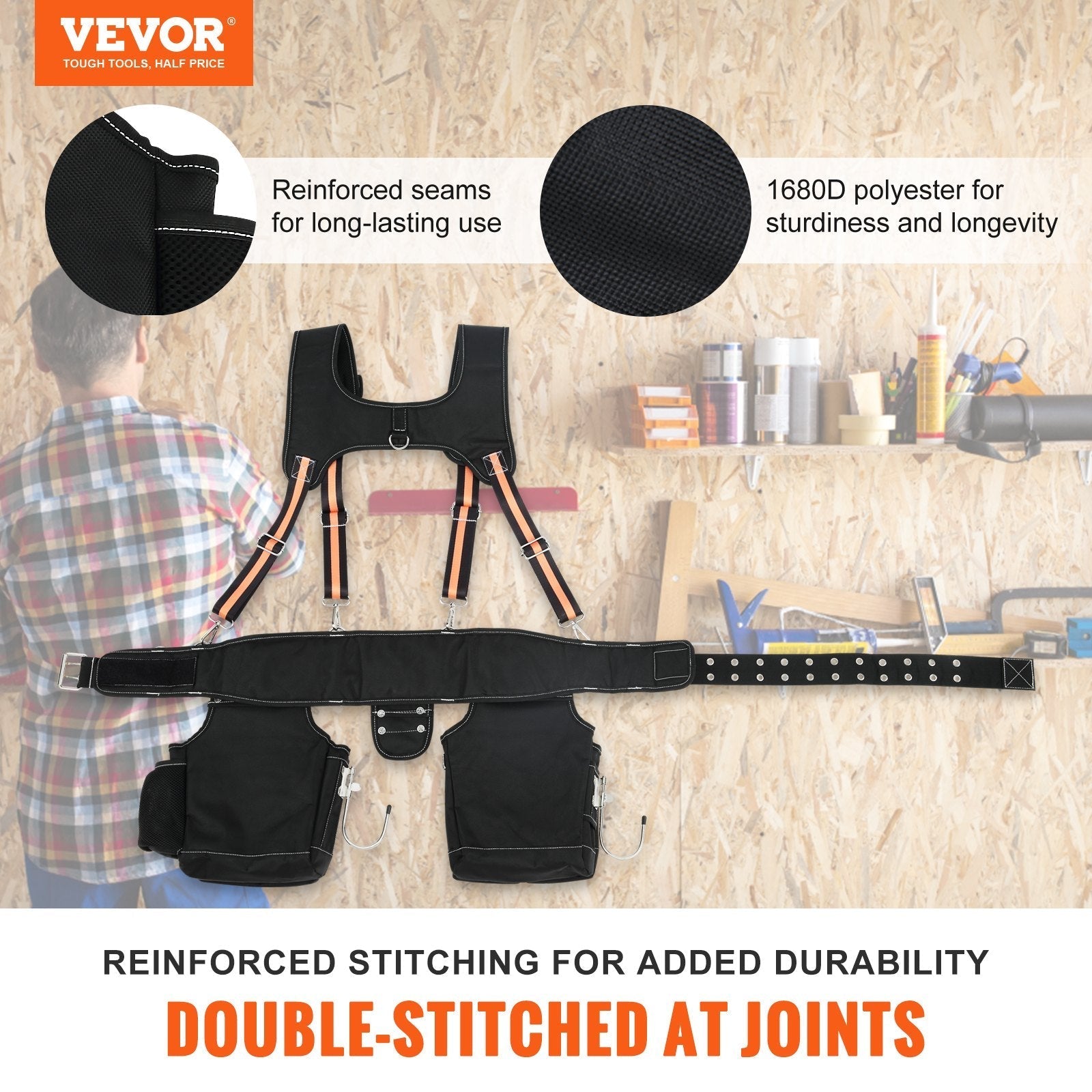 VEVOR Tool Belt with Suspenders, 29 Pockets, 29-54 inches Adjustable Waist Size, Tool Belts for Men, 1680D Polyester Heavy Duty Carpenter Tool Pouch for Carpenters, Electricians, and Gardening, Black
