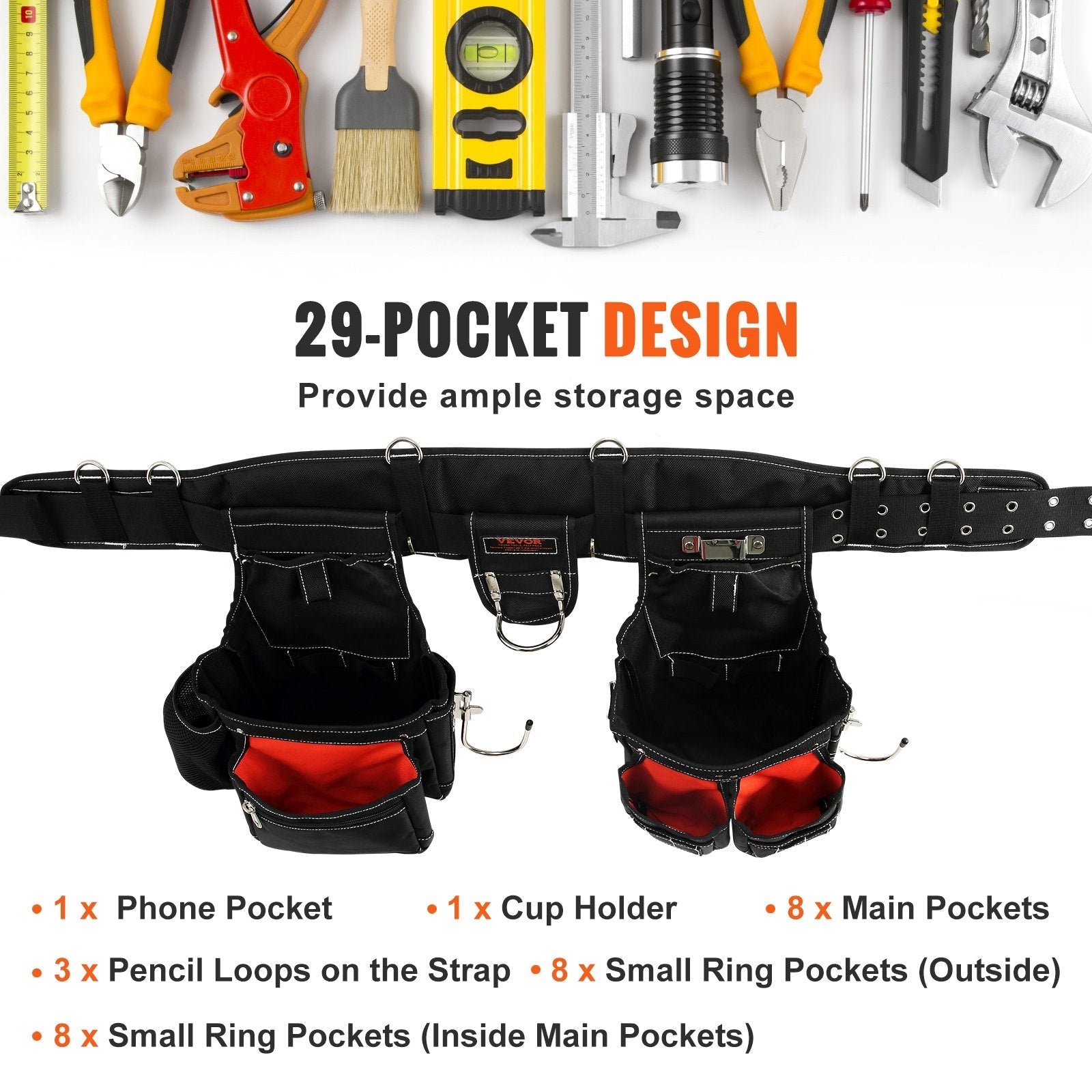 VEVOR Tool Belt with Suspenders, 29 Pockets, 29-54 inches Adjustable Waist Size, Tool Belts for Men, 1680D Polyester Heavy Duty Carpenter Tool Pouch for Carpenters, Electricians, and Gardening, Black