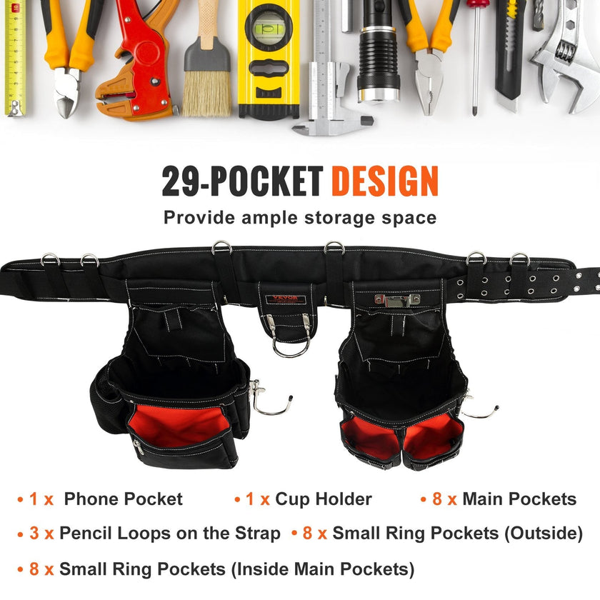 VEVOR Tool Belt with Suspenders, 29 Pockets, 29-54 inches Adjustable Waist Size, Tool Belts for Men, 1680D Polyester Heavy Duty Carpenter Tool Pouch for Carpenters, Electricians, and Gardening, Black