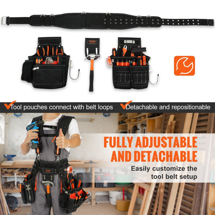 VEVOR Tool Belt with Suspenders, 29 Pockets, 29-54 inches Adjustable Waist Size, Tool Belts for Men, 1680D Polyester Heavy Duty Carpenter Tool Pouch for Carpenters, Electricians, and Gardening, Black