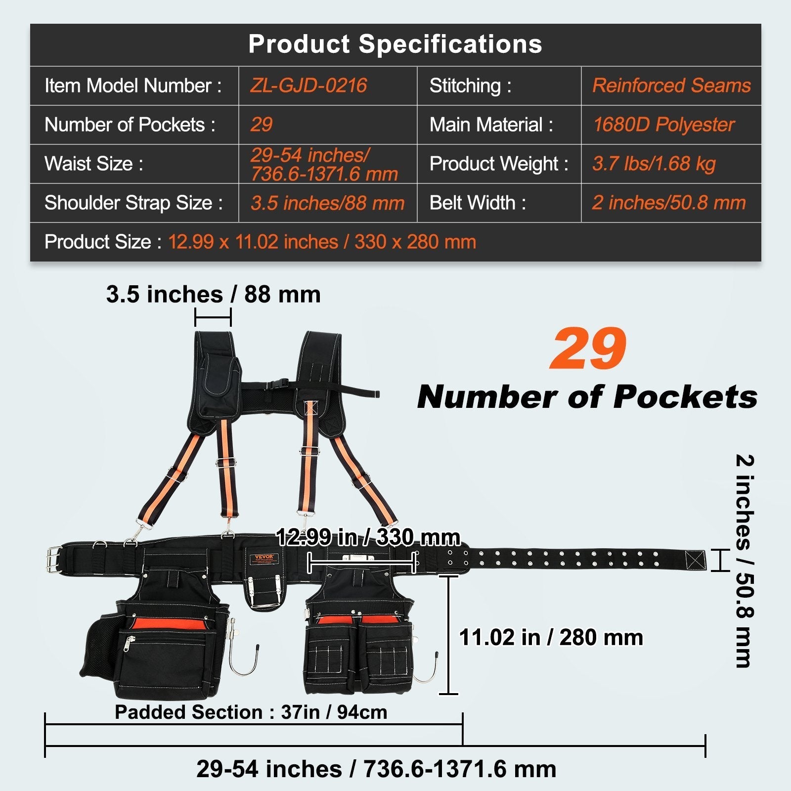 VEVOR Tool Belt with Suspenders, 29 Pockets, 29-54 inches Adjustable Waist Size, Tool Belts for Men, 1680D Polyester Heavy Duty Carpenter Tool Pouch for Carpenters, Electricians, and Gardening, Black