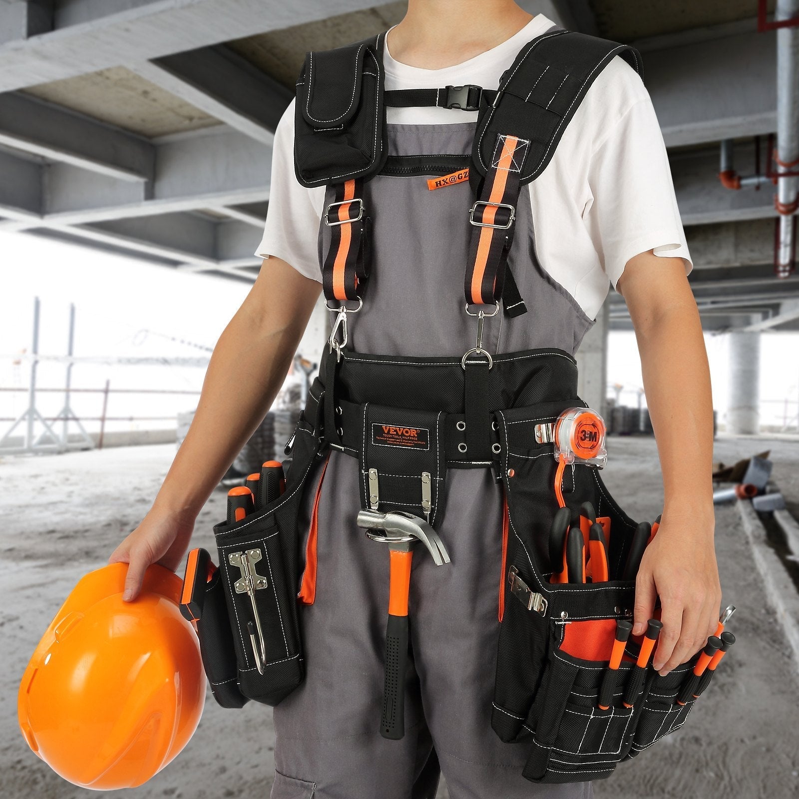 VEVOR Tool Belt with Suspenders, 29 Pockets, 29-54 inches Adjustable Waist Size, Tool Belts for Men, 1680D Polyester Heavy Duty Carpenter Tool Pouch for Carpenters, Electricians, and Gardening, Black