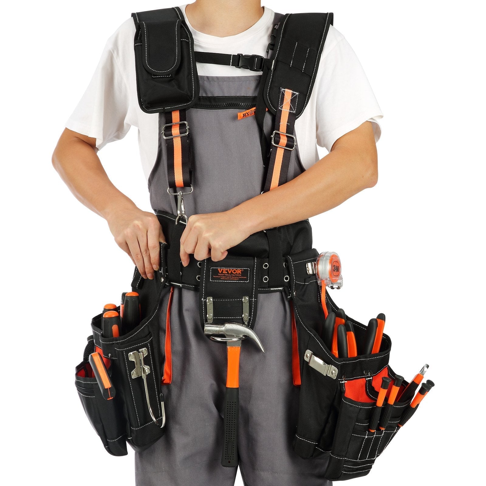 VEVOR Tool Belt with Suspenders, 29 Pockets, 29-54 inches Adjustable Waist Size, Tool Belts for Men, 1680D Polyester Heavy Duty Carpenter Tool Pouch for Carpenters, Electricians, and Gardening, Black
