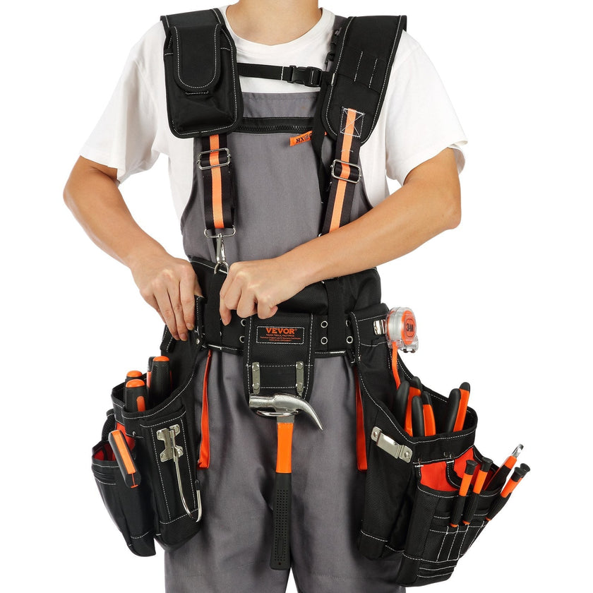 VEVOR Tool Belt with Suspenders, 29 Pockets, 29-54 inches Adjustable Waist Size, Tool Belts for Men, 1680D Polyester Heavy Duty Carpenter Tool Pouch for Carpenters, Electricians, and Gardening, Black