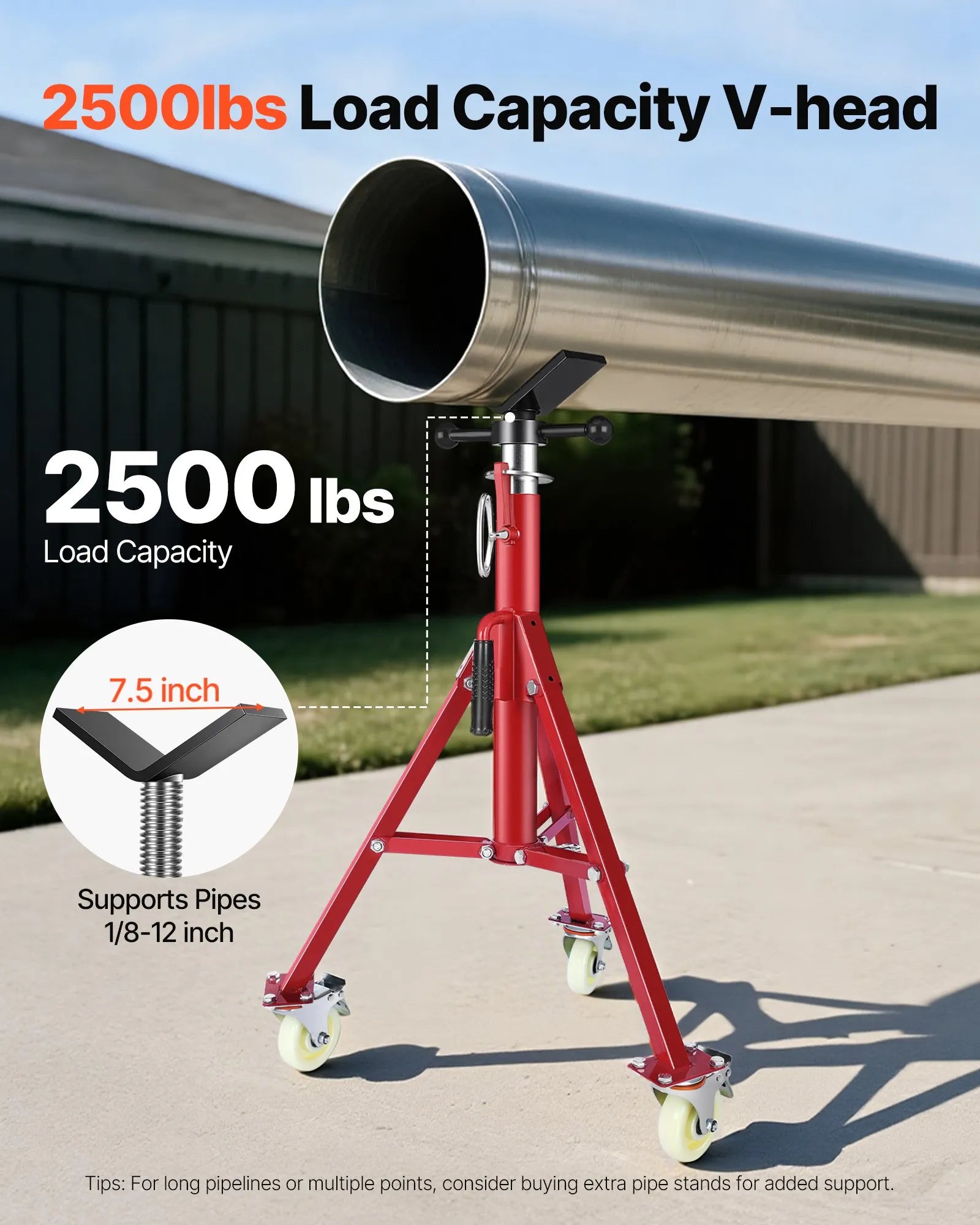 VEVOR Pipe Stand, Pipe Jack Stand, V Head Pipe Stand Adjustable Height 28-52 Inch, Pipe Jack Stands with Casters, Folding Portable Pipe Stands 1/8 to 12 Inch Pipe Supporting, Steel Jack Stand