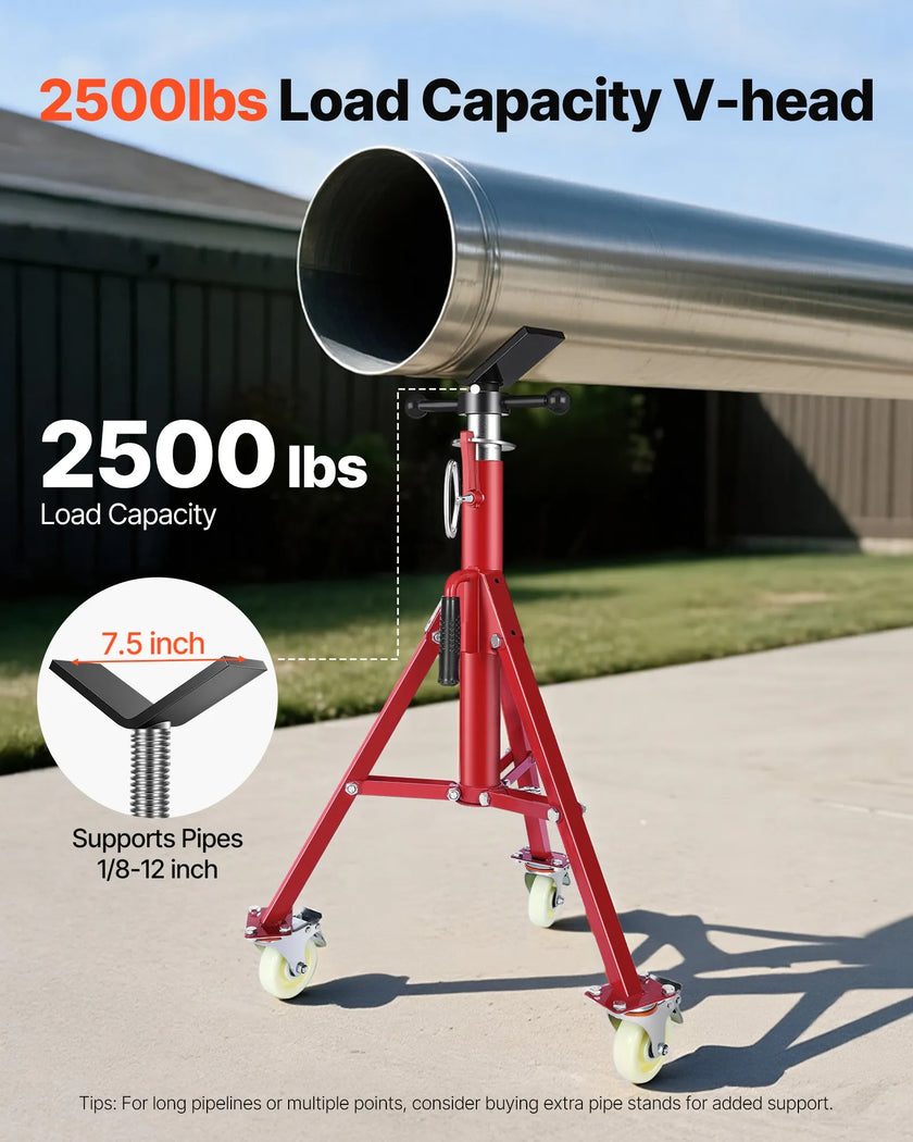 VEVOR Pipe Stand, Pipe Jack Stand, V Head Pipe Stand Adjustable Height 28-52 Inch, Pipe Jack Stands with Casters, Folding Portable Pipe Stands 1/8 to 12 Inch Pipe Supporting, Steel Jack Stand