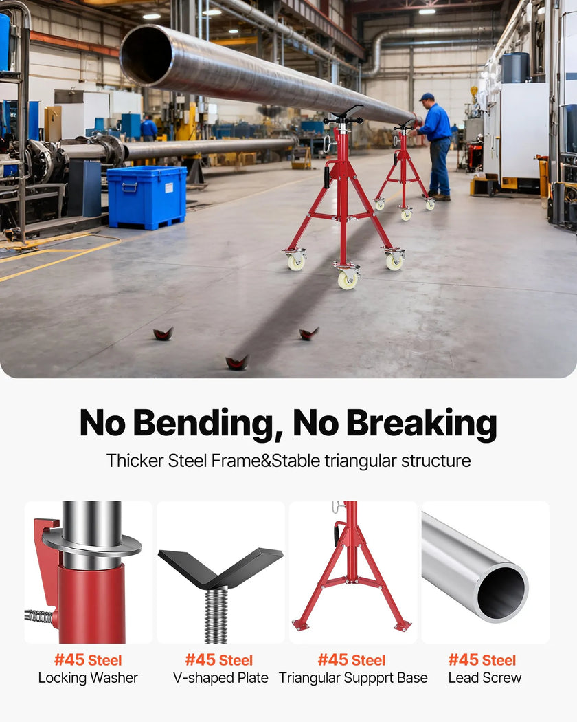 VEVOR Pipe Stand, Pipe Jack Stand, V Head Pipe Stand Adjustable Height 28-52 Inch, Pipe Jack Stands with Casters, Folding Portable Pipe Stands 1/8 to 12 Inch Pipe Supporting, Steel Jack Stand