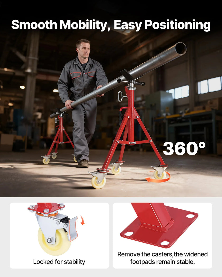 VEVOR Pipe Stand, Pipe Jack Stand, V Head Pipe Stand Adjustable Height 28-52 Inch, Pipe Jack Stands with Casters, Folding Portable Pipe Stands 1/8 to 12 Inch Pipe Supporting, Steel Jack Stand