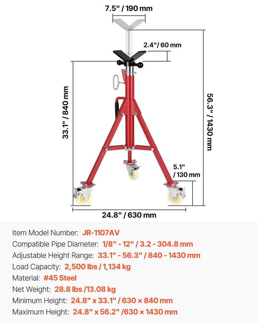 VEVOR Pipe Stand, Pipe Jack Stand, V Head Pipe Stand Adjustable Height 28-52 Inch, Pipe Jack Stands with Casters, Folding Portable Pipe Stands 1/8 to 12 Inch Pipe Supporting, Steel Jack Stand