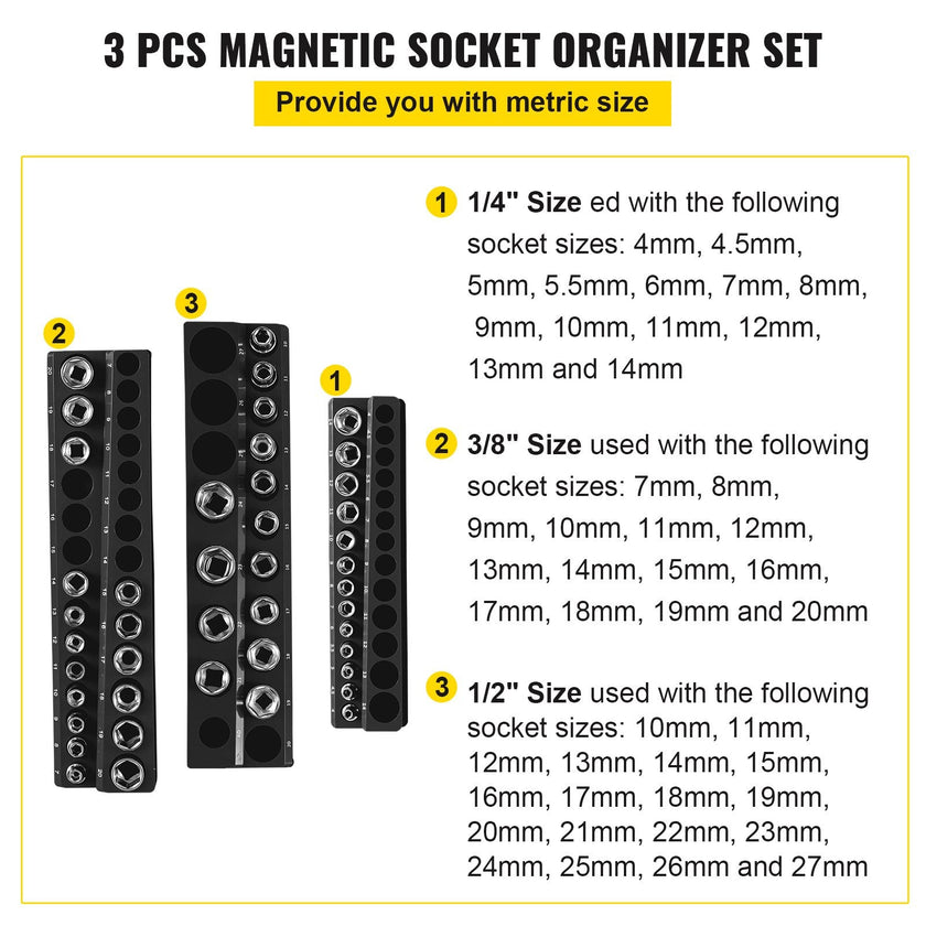 VEVOR 3-Pack Metric Magnetic Socket Organizers, 1/2-inch, 3/8-inch, 1/4-inch Drive Socket Holders Hold 75 Sockets, Black Tool Box Organizer for Sockets Storage