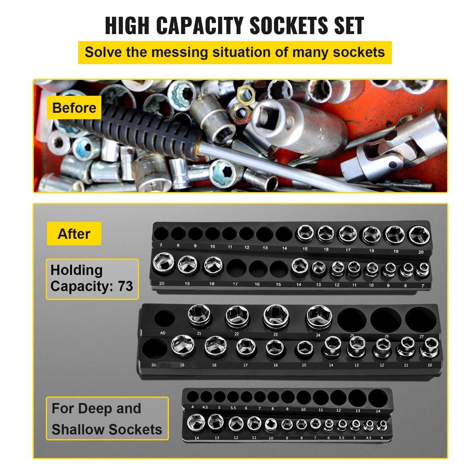 VEVOR 3-Pack Metric Magnetic Socket Organizers, 1/2-inch, 3/8-inch, 1/4-inch Drive Socket Holders Hold 75 Sockets, Black Tool Box Organizer for Sockets Storage