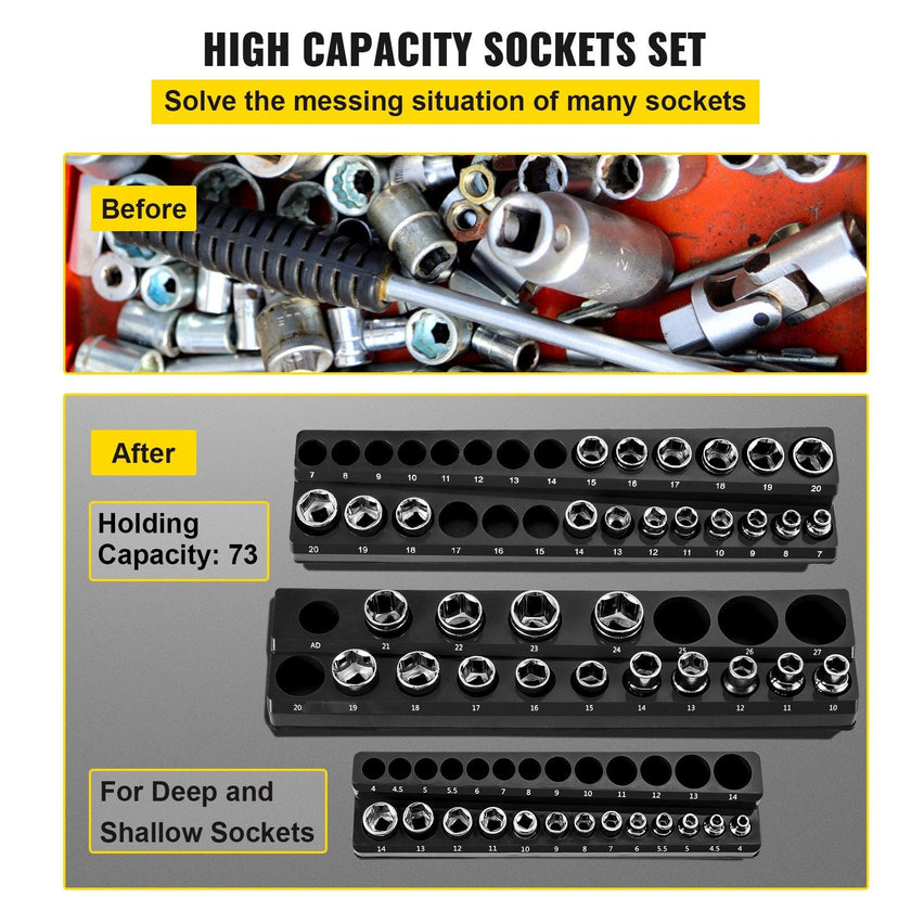 VEVOR 3-Pack Metric Magnetic Socket Organizers, 1/2-inch, 3/8-inch, 1/4-inch Drive Socket Holders Hold 75 Sockets, Black Tool Box Organizer for Sockets Storage