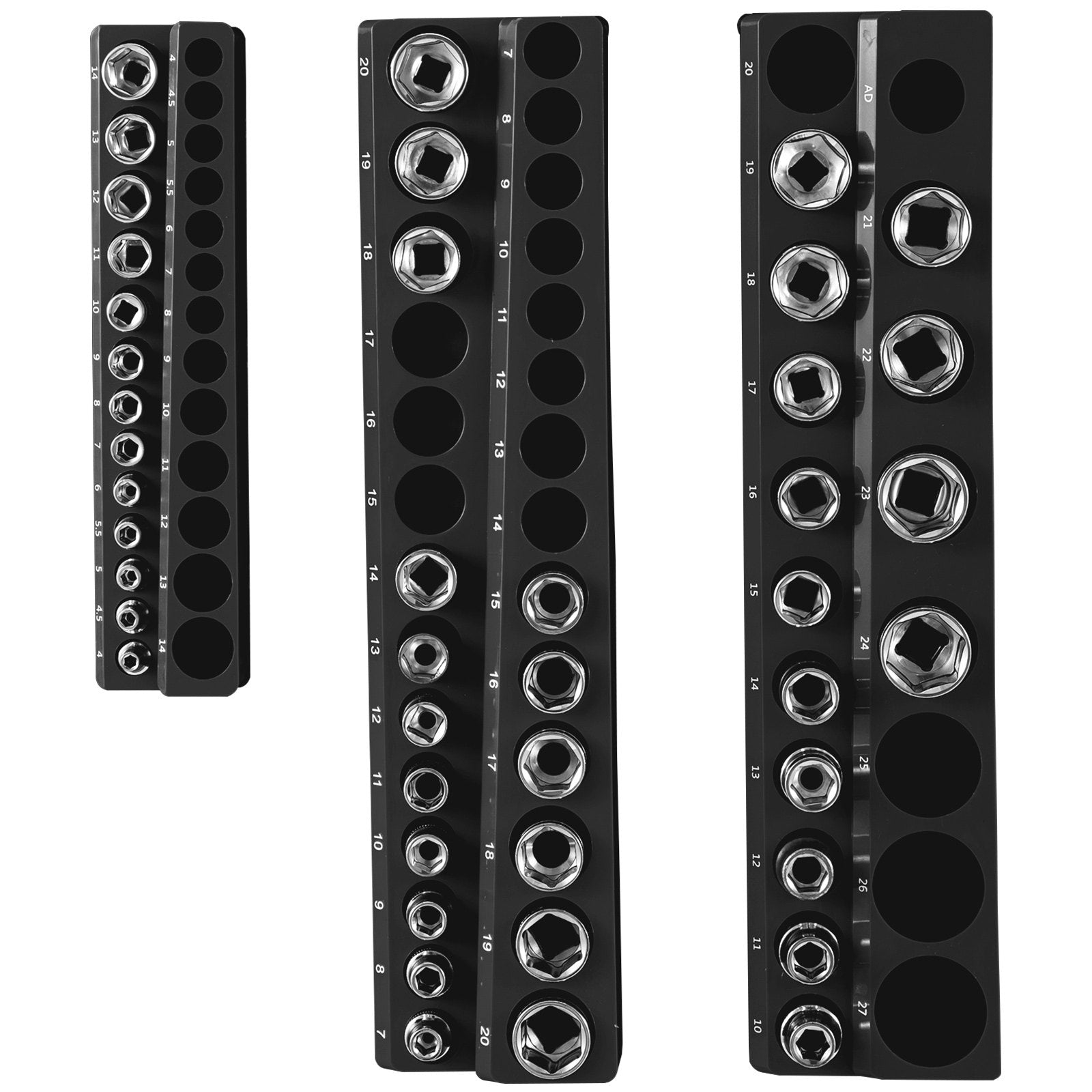 VEVOR 3-Pack Metric Magnetic Socket Organizers, 1/2-inch, 3/8-inch, 1/4-inch Drive Socket Holders Hold 75 Sockets, Black Tool Box Organizer for Sockets Storage