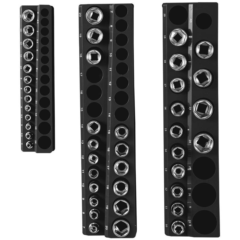 VEVOR 3-Pack Metric Magnetic Socket Organizers, 1/2-inch, 3/8-inch, 1/4-inch Drive Socket Holders Hold 75 Sockets, Black Tool Box Organizer for Sockets Storage