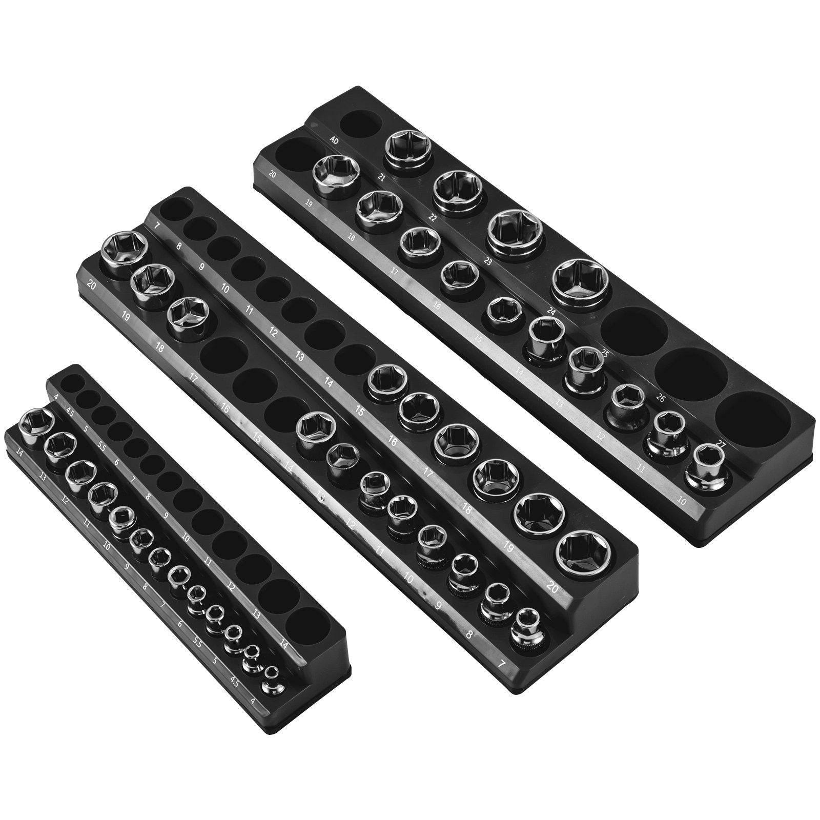VEVOR 3-Pack Metric Magnetic Socket Organizers, 1/2-inch, 3/8-inch, 1/4-inch Drive Socket Holders Hold 75 Sockets, Black Tool Box Organizer for Sockets Storage