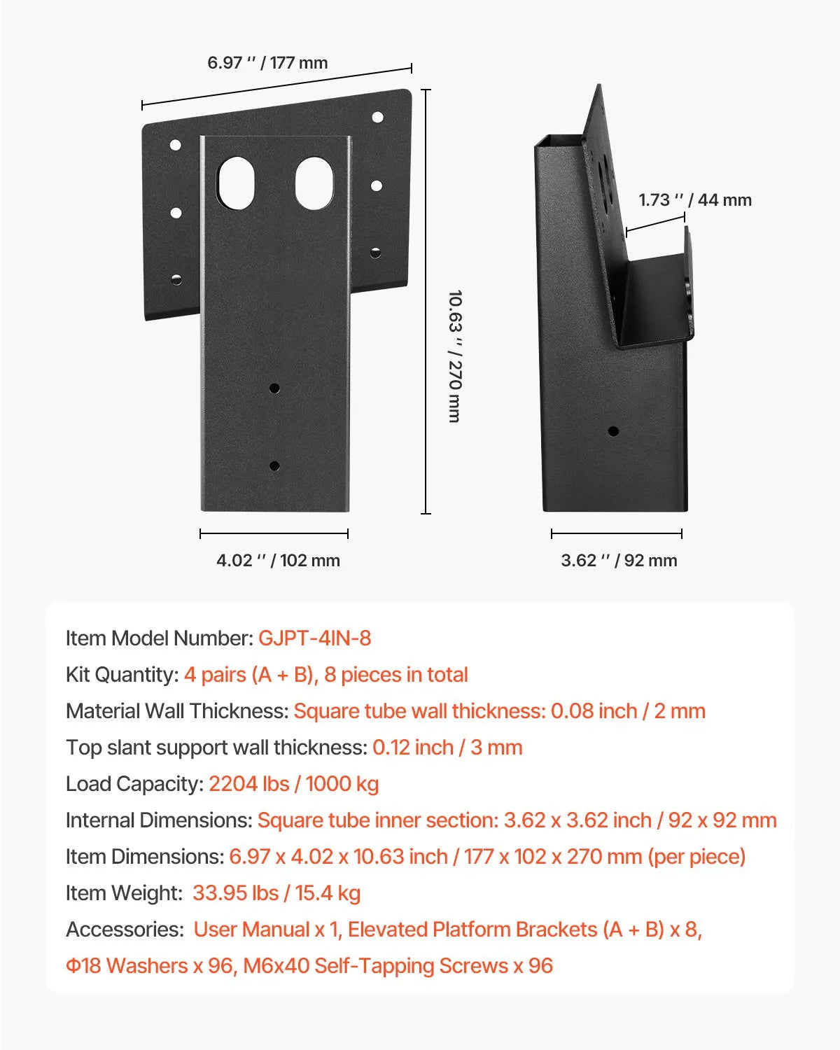 VEVOR Compound Angle Platform Brackets Fit 3.5x3.5 In/88.9x88.9 mm Lumber 8 Pcs