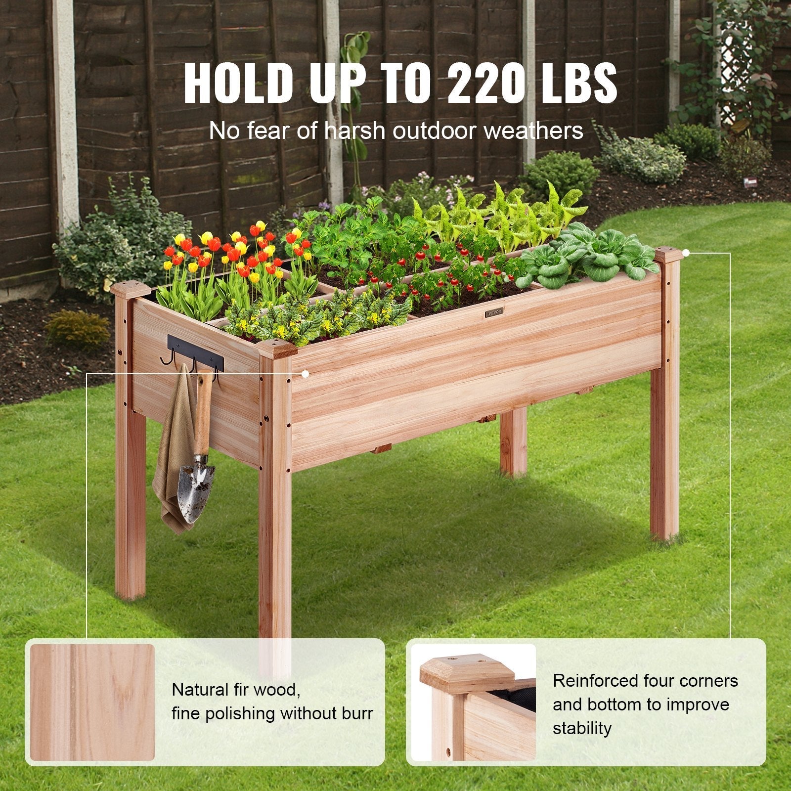 VEVOR Raised Garden Bed, 47.2 x 22.8 x 30 inch Wooden Planter Box, Elevated Outdoor Planting Boxes with Legs, for Growing Flowers/Vegetables/Herbs in Backyard/Garden/Patio/Balcony, Burlywood