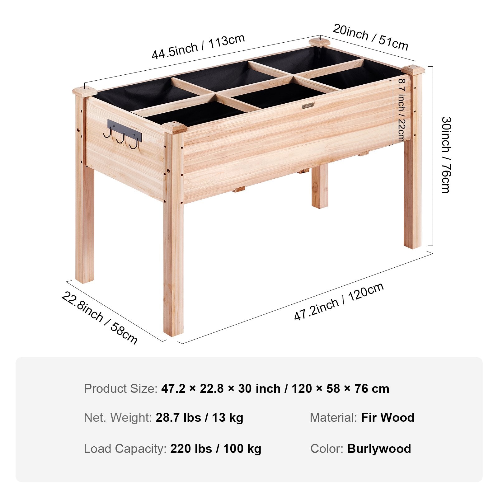 VEVOR Raised Garden Bed, 47.2 x 22.8 x 30 inch Wooden Planter Box, Elevated Outdoor Planting Boxes with Legs, for Growing Flowers/Vegetables/Herbs in Backyard/Garden/Patio/Balcony, Burlywood