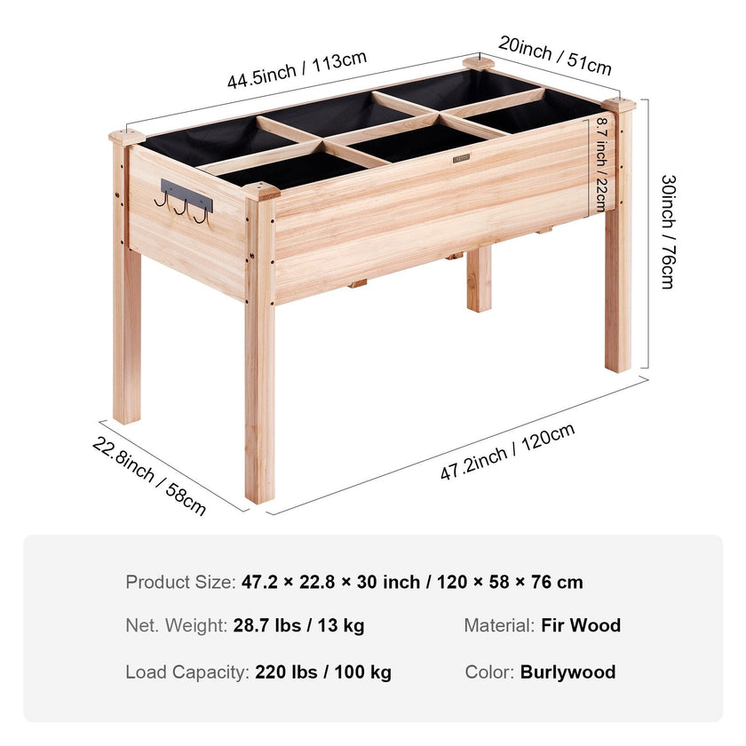 VEVOR Raised Garden Bed, 47.2 x 22.8 x 30 inch Wooden Planter Box, Elevated Outdoor Planting Boxes with Legs, for Growing Flowers/Vegetables/Herbs in Backyard/Garden/Patio/Balcony, Burlywood