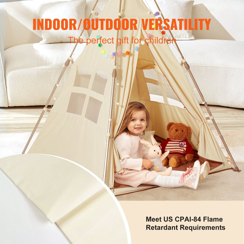 VEVOR Kids Play Tent, Teepee Tent for Kids 1-5 Years Old, Foldable Toddler Tent with Mat and Carrying Bag, Tent for Kids with Windows for Indoor and Outdoor, Kids Tent for Boys and Girls, Beige