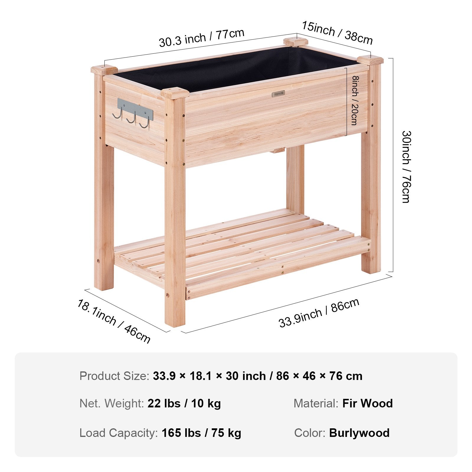 VEVOR Wooden Raised Garden Bed Planter Box 33.9x18.1x30