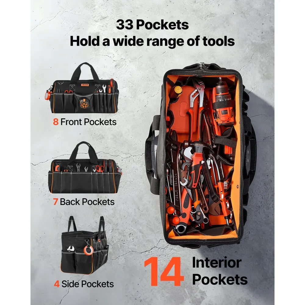 VEVOR 20-Inch Tool Bag with 33 Pockets, Heavy-Duty Portable Tool Organizer, Water-Resistant 1680D Polyester Toolbox with Shoulder Strap & Large Zipper Opening