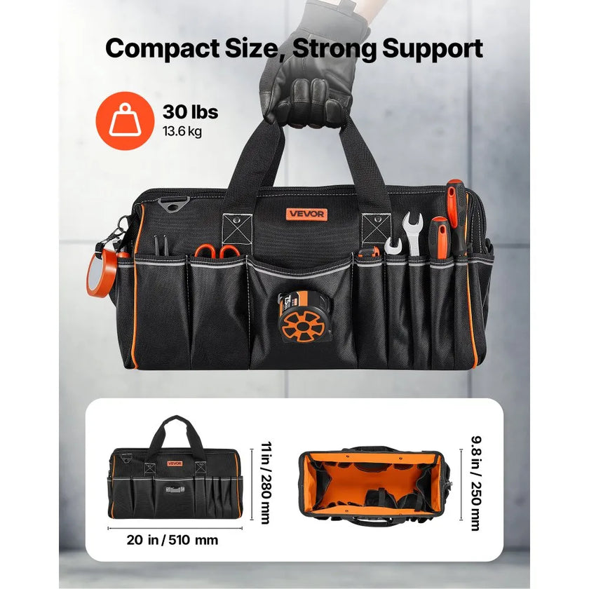 VEVOR 20-Inch Tool Bag with 33 Pockets, Heavy-Duty Portable Tool Organizer, Water-Resistant 1680D Polyester Toolbox with Shoulder Strap & Large Zipper Opening
