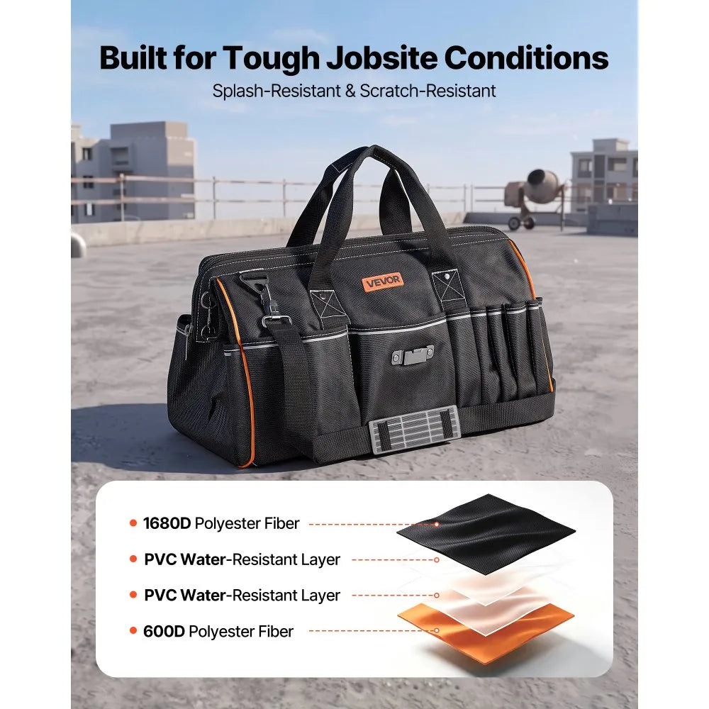 VEVOR 20-Inch Tool Bag with 33 Pockets, Heavy-Duty Portable Tool Organizer, Water-Resistant 1680D Polyester Toolbox with Shoulder Strap & Large Zipper Opening