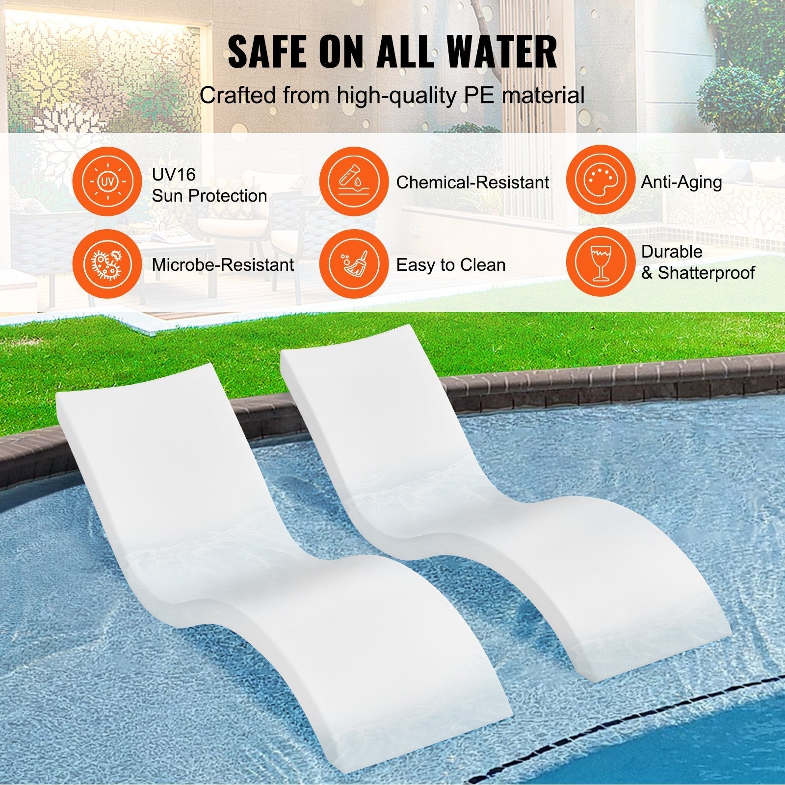 VEVOR in-Pool Lounge Chairs, Set of 2 Chaise Lounger, Inside Pool Lounge Chairs for Water Depths up to 9