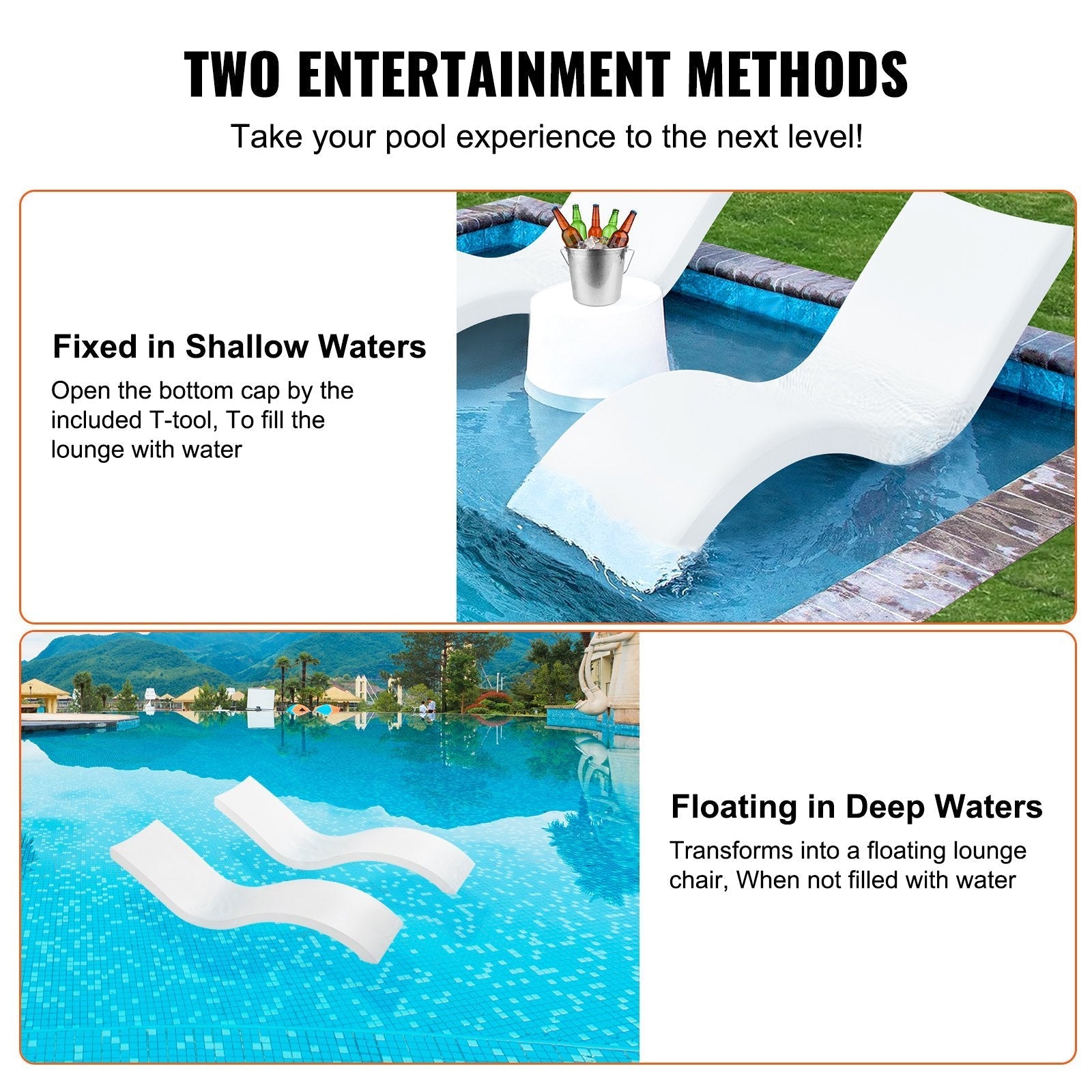 VEVOR in-Pool Lounge Chairs, Set of 2 Chaise Lounger, Inside Pool Lounge Chairs for Water Depths up to 9