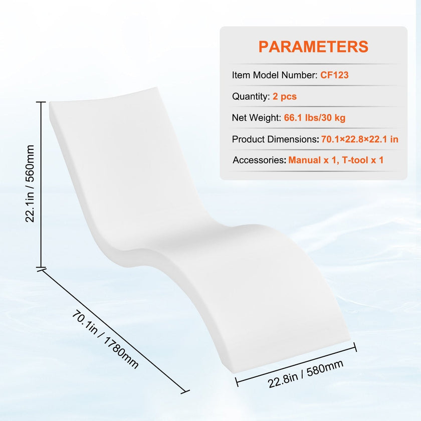 VEVOR in-Pool Lounge Chairs, Set of 2 Chaise Lounger, Inside Pool Lounge Chairs for Water Depths up to 9