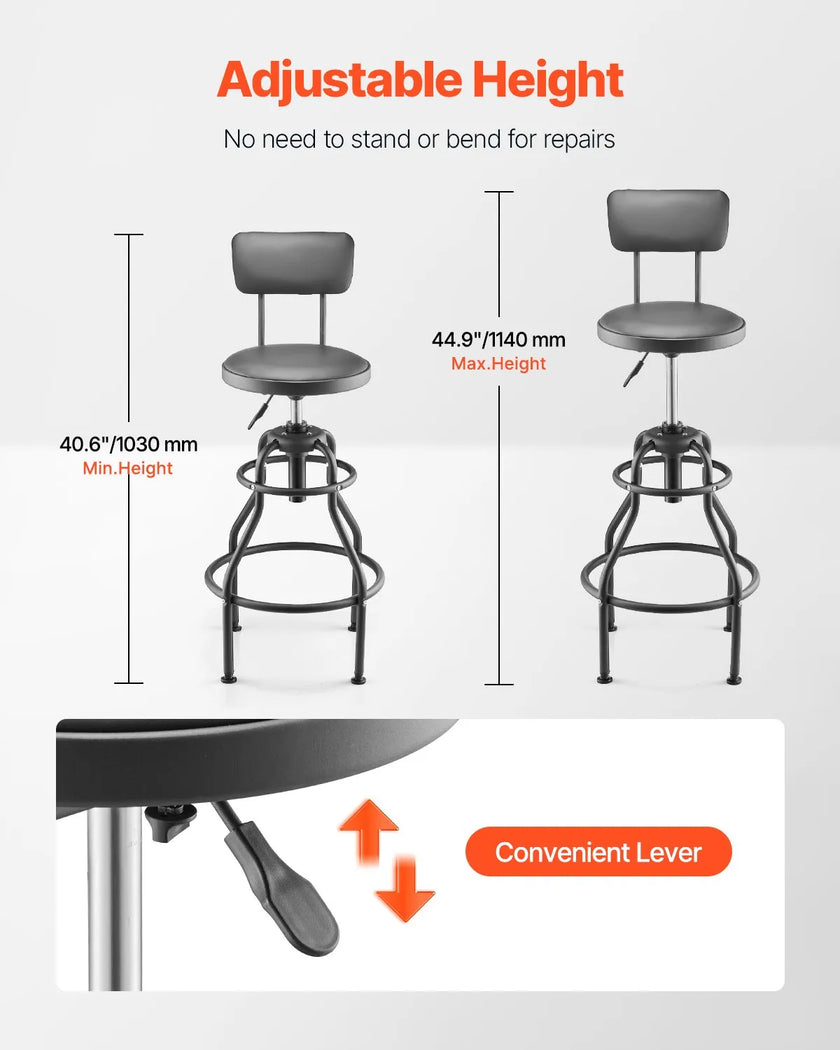 VEVOR Shop Stool Adjustable Height Garage Work Seat 300 lbs Load with Backrest