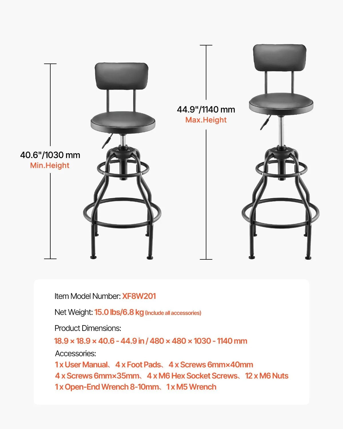 VEVOR Shop Stool Adjustable Height Garage Work Seat 300 lbs Load with Backrest