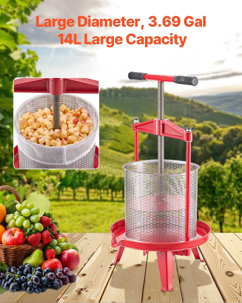 VEVOR Fruit Wine Press Manual Press for Wine Making 3.69 Gal/14L Stainless Steel