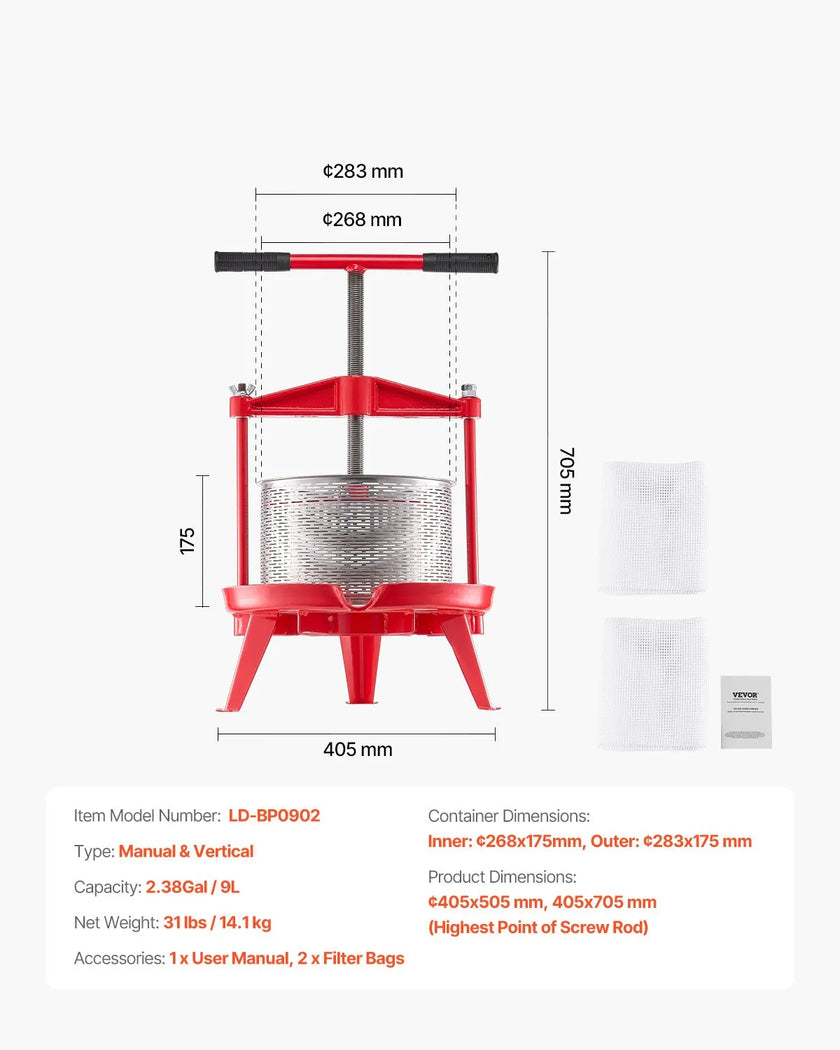 VEVOR Fruit Wine Press Manual Press for Wine Making 2.38 Gal/9L Stainless Steel