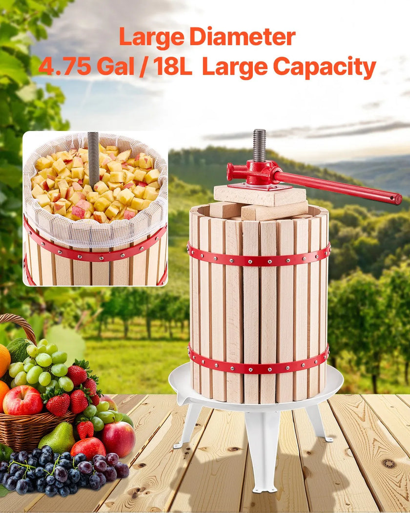 VEVOR Fruit Wine Press Manual Press for Wine Making 4.75 Gal/18L Wood Basket