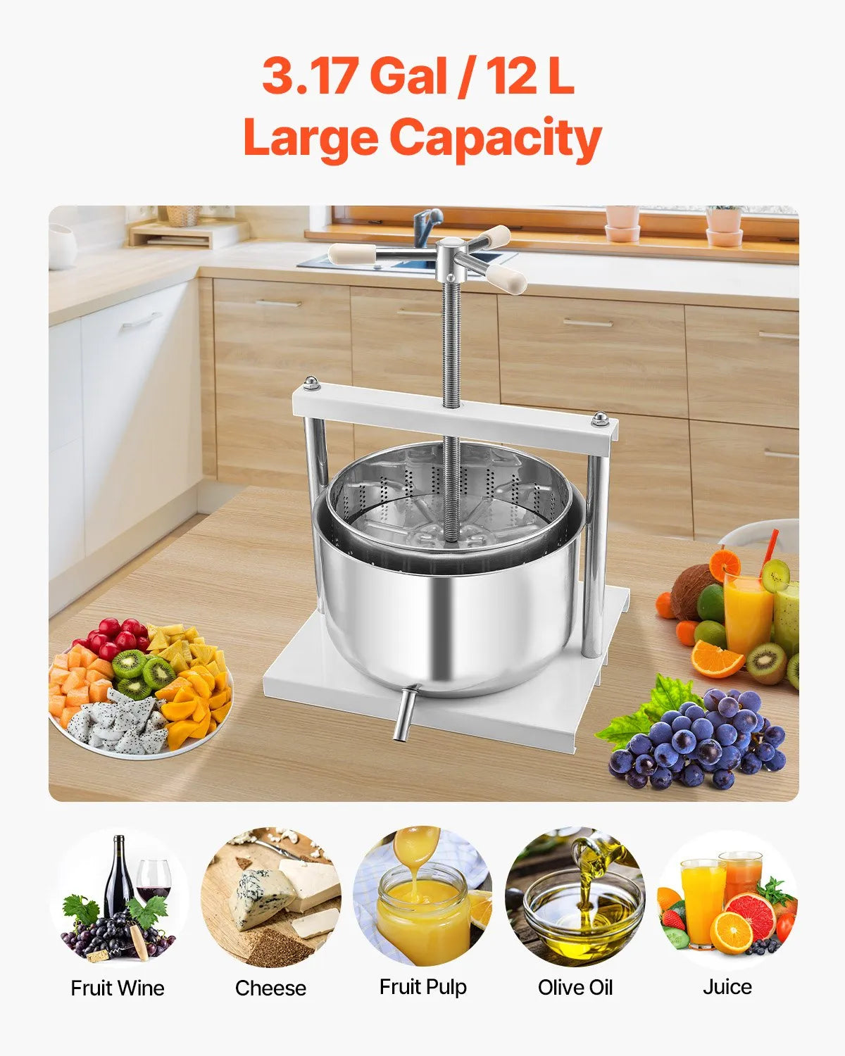 VEVOR Fruit Wine Press Manual Press for Wine Making 3.17 Gal/12L Stainless Steel