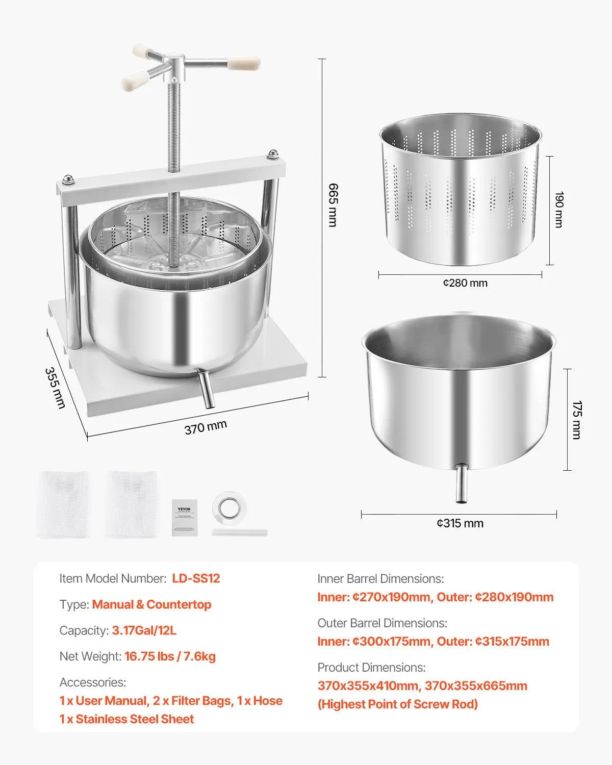 VEVOR Fruit Wine Press Manual Press for Wine Making 3.17 Gal/12L Stainless Steel