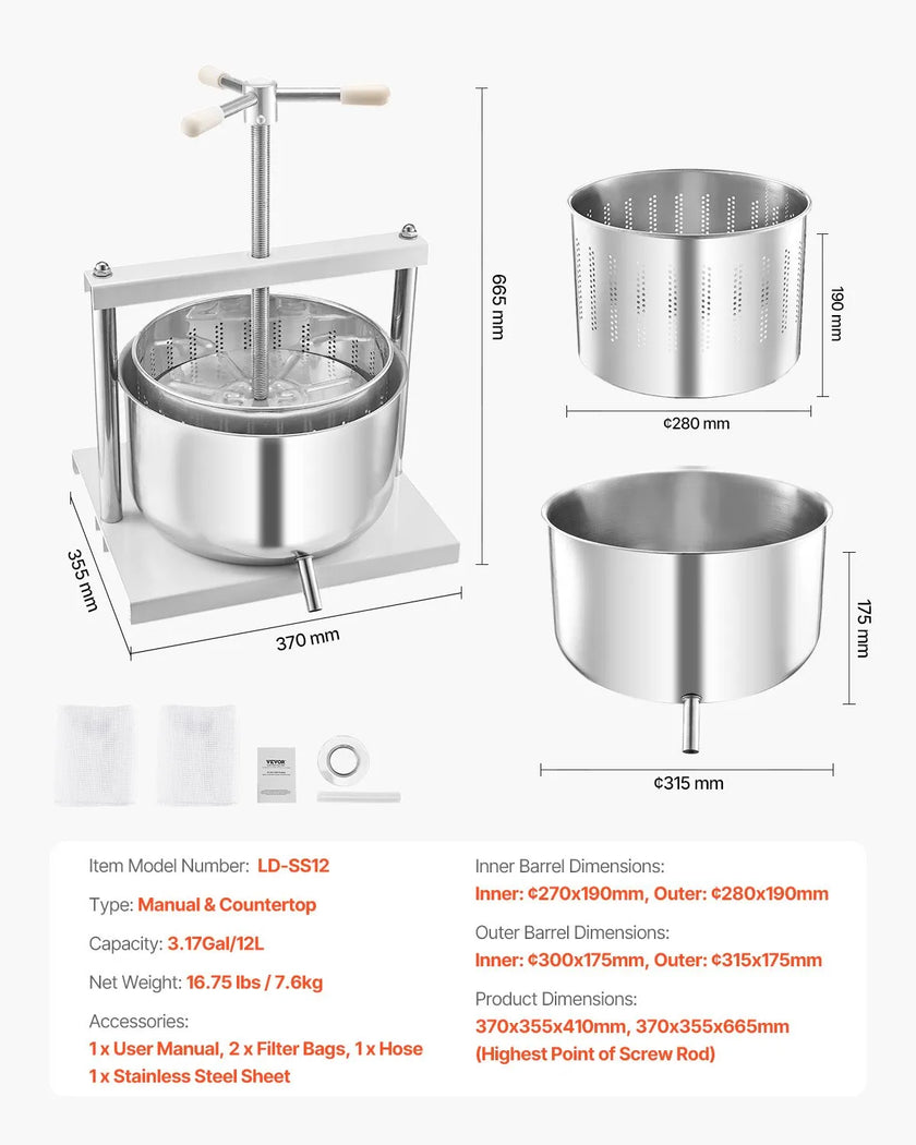 VEVOR Fruit Wine Press Manual Press for Wine Making 3.17 Gal/12L Stainless Steel