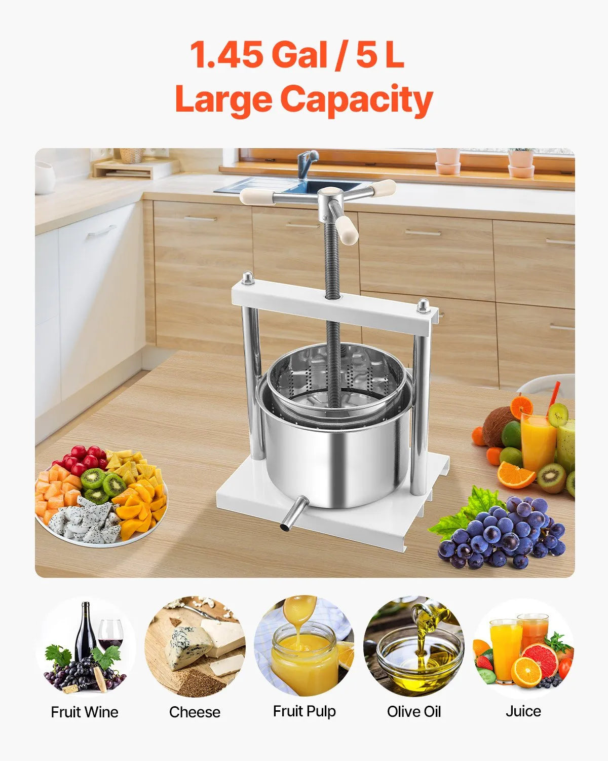 VEVOR Fruit Wine Press Manual Press for Wine Making 1.45 Gal/5L Stainless Steel