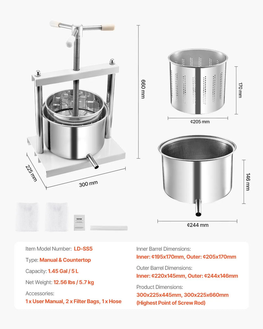 VEVOR Fruit Wine Press Manual Press for Wine Making 1.45 Gal/5L Stainless Steel