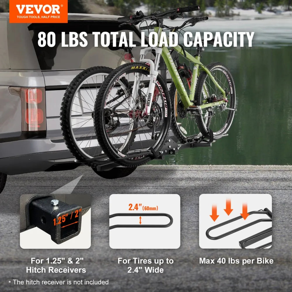 VEVOR Hitch Mount Bike Rack, 2-Bike Platform Style, 80 LBS Max Capacity Bike Rack Hitch for 1.25-/2-inch Receiver, Titling and Folding Bike Carrier with Tires up to 2.4