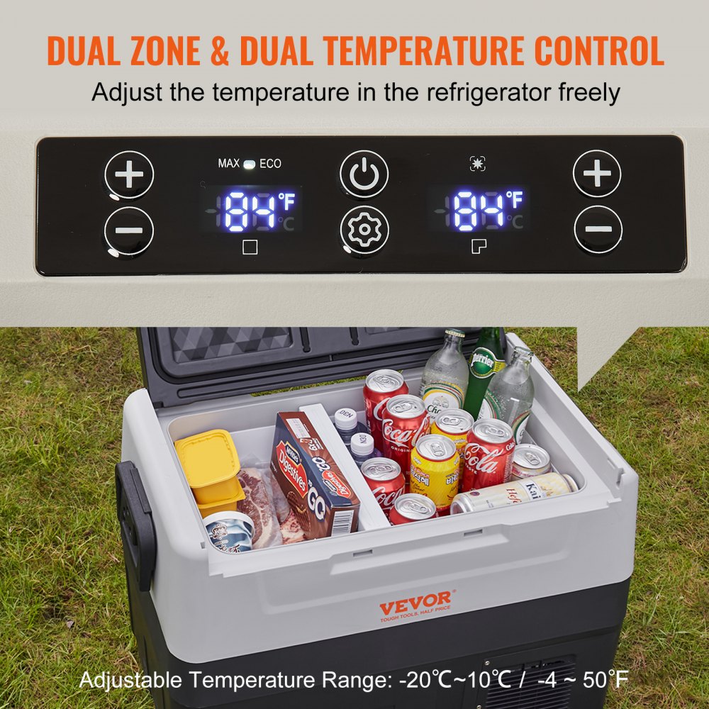 VEVOR Car Refrigerator, 12 Volt Car Refrigerator Fridge, 37 QT/35 L Dual Zone Portable Freezer, -4?-50? Adjustable Range, 12/24V DC and 100-240V AC Compressor Cooler for Outdoor, Camping, Travel, RV