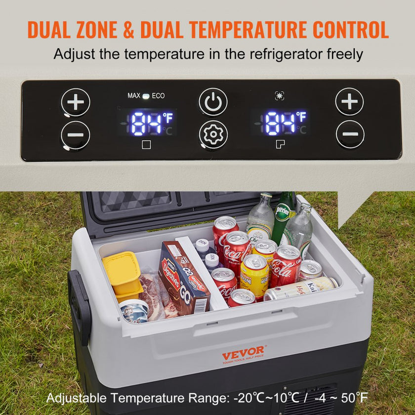 VEVOR Car Refrigerator, 12 Volt Car Refrigerator Fridge, 37 QT/35 L Dual Zone Portable Freezer, -4?-50? Adjustable Range, 12/24V DC and 100-240V AC Compressor Cooler for Outdoor, Camping, Travel, RV