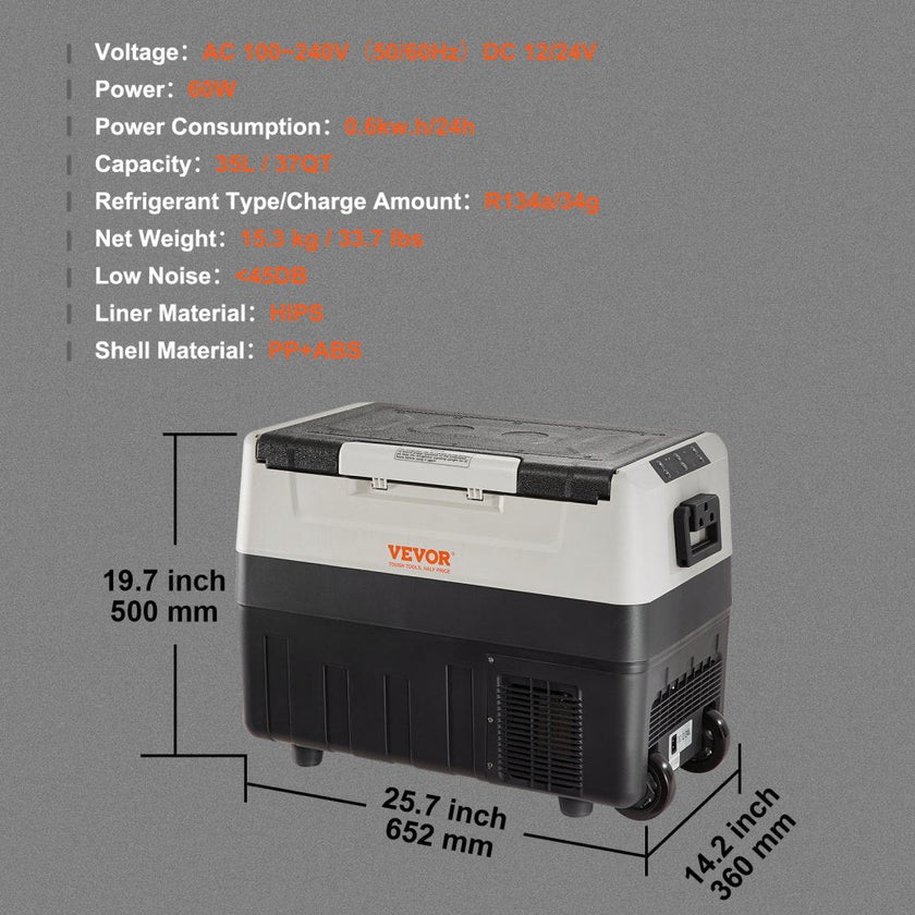 VEVOR Car Refrigerator, 12 Volt Car Refrigerator Fridge, 37 QT/35 L Dual Zone Portable Freezer, -4?-50? Adjustable Range, 12/24V DC and 100-240V AC Compressor Cooler for Outdoor, Camping, Travel, RV