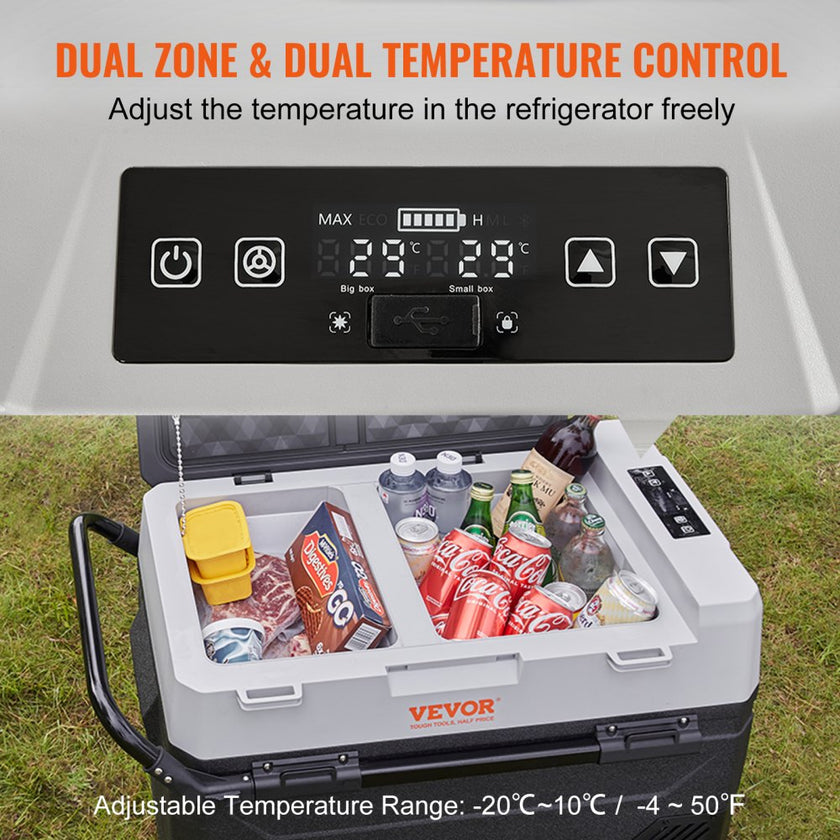 VEVOR Car Refrigerator, 12 Volt Car Refrigerator Fridge, 40QT/38L Dual Zone Portable Freezer, -4?-50? Adjustable Range, 12/24V DC and 100-240V AC Compressor Cooler for Outdoor, Camping, Travel, RV