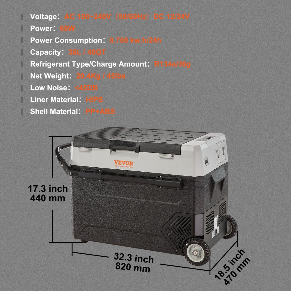 VEVOR Car Refrigerator, 12 Volt Car Refrigerator Fridge, 40QT/38L Dual Zone Portable Freezer, -4?-50? Adjustable Range, 12/24V DC and 100-240V AC Compressor Cooler for Outdoor, Camping, Travel, RV