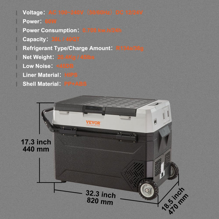 VEVOR Car Refrigerator, 12 Volt Car Refrigerator Fridge, 40QT/38L Dual Zone Portable Freezer, -4?-50? Adjustable Range, 12/24V DC and 100-240V AC Compressor Cooler for Outdoor, Camping, Travel, RV