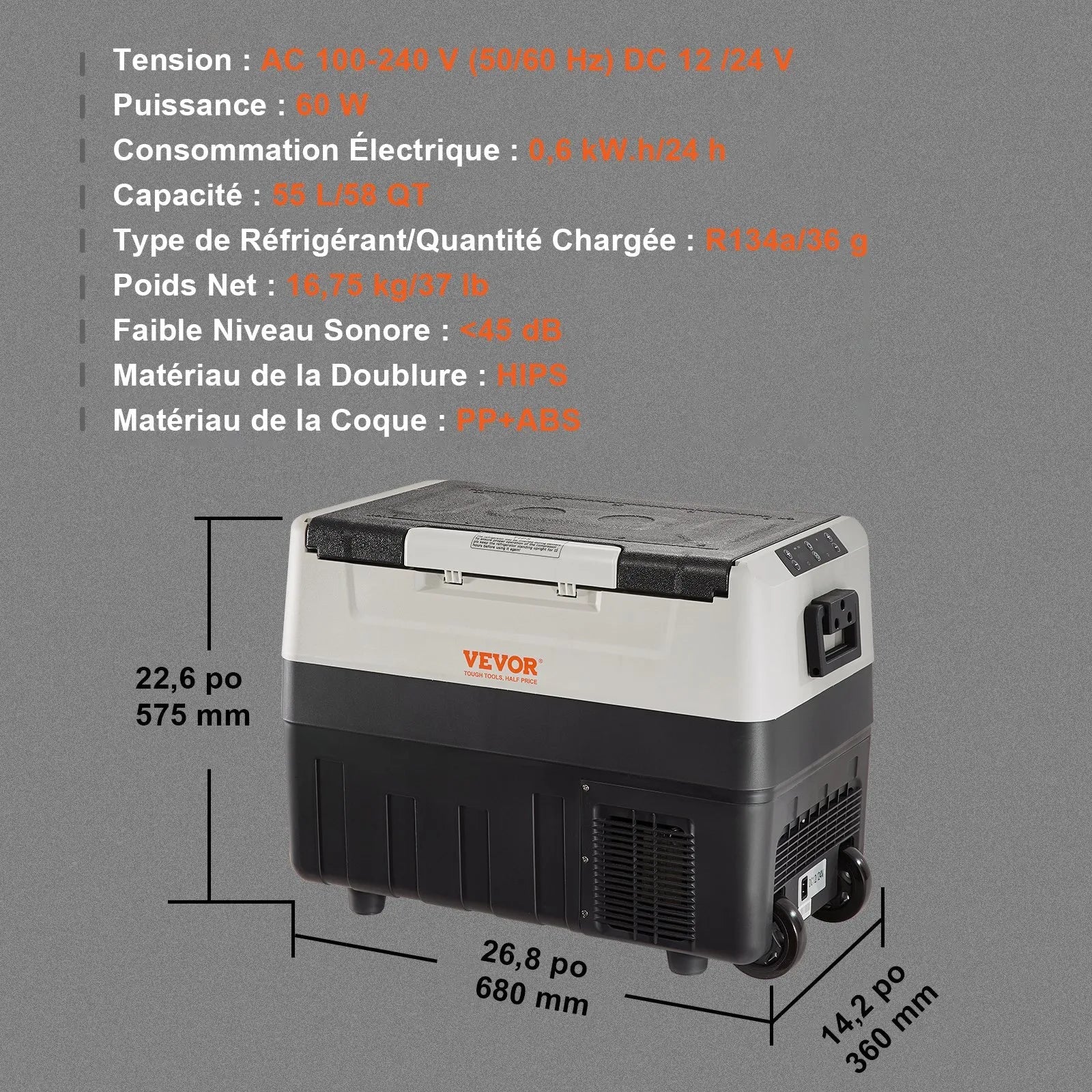 VEVOR Car Refrigerator, 12 Volt Car Refrigerator Fridge, 58 QT/55 L Dual Zone Portable Freezer, -4℉-50℉ Adjustable Range, 12/24V DC and 100-240V AC Compressor Cooler for Outdoor, Camping, Travel, RV