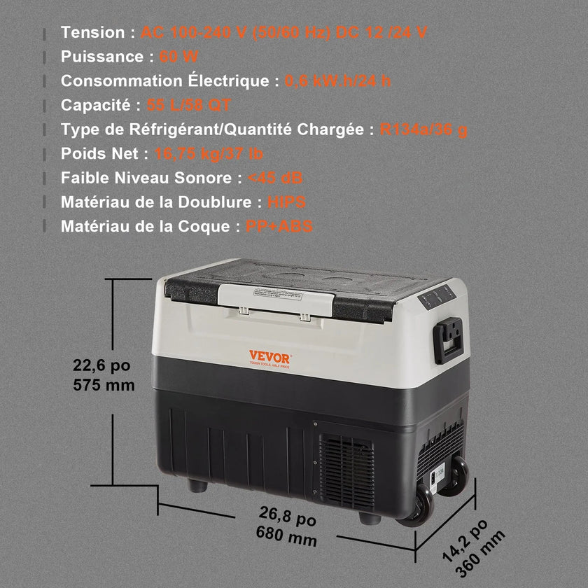 VEVOR Car Refrigerator, 12 Volt Car Refrigerator Fridge, 58 QT/55 L Dual Zone Portable Freezer, -4℉-50℉ Adjustable Range, 12/24V DC and 100-240V AC Compressor Cooler for Outdoor, Camping, Travel, RV